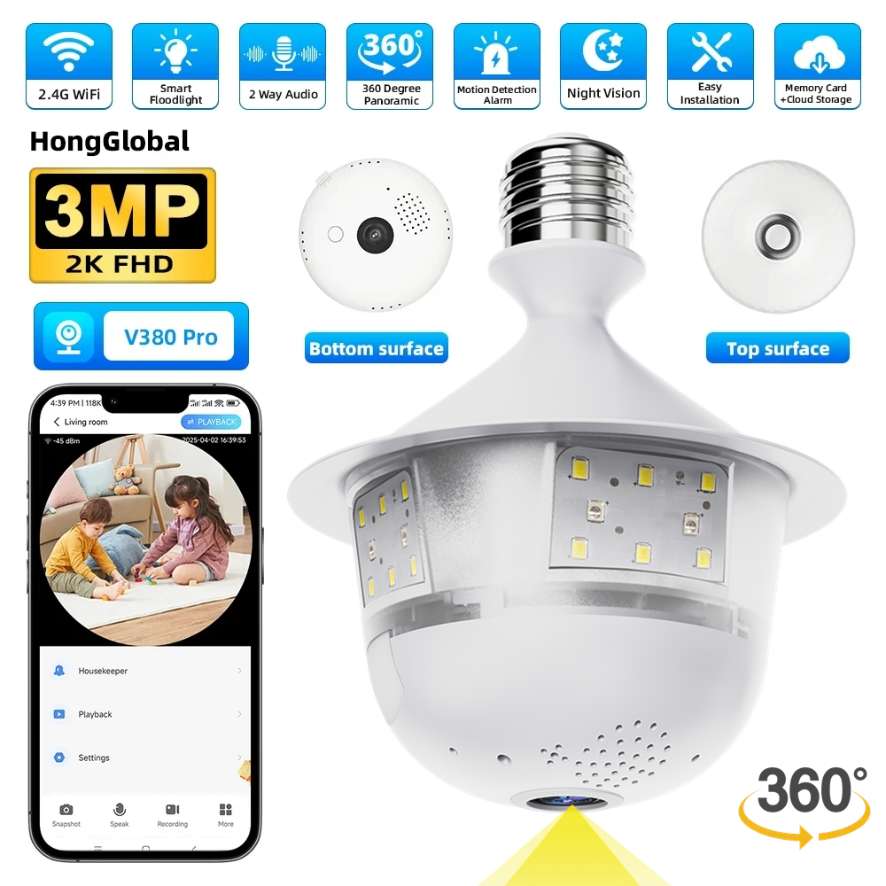 V380 3MP Wifi E27 Bóng Đèn An Ninh Máy Ảnh đầy màu sắc nhìn trong đêm Hai-Cách Bằng Giọng Nói Không Dây tự động báo động IP Camera quan sát camera
