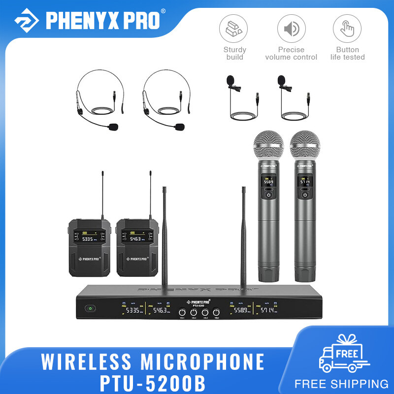 Phenyx Pro PTU-5200B Wireless Microphone System 4-Channel Wireless Mic Set with Handheld/Bodypack/Headset/Lapel Mics for Singing Karaoke Church ราคา 8,760 บาท*ส่งฟรี