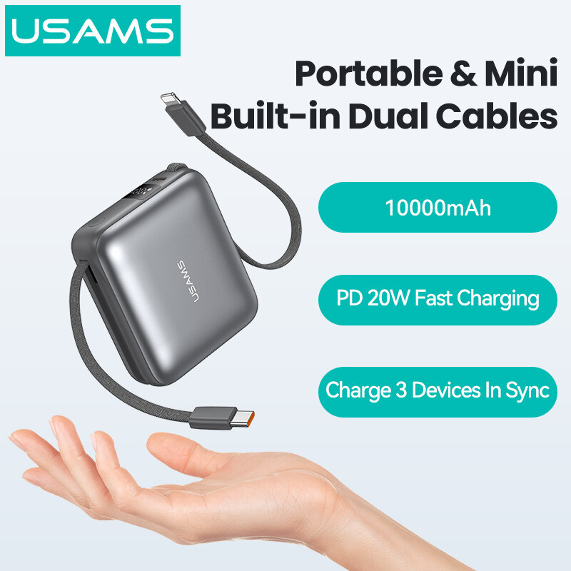 USAMS 20W 10000mAh Portable Mini Power Bank Built-in Dual Cables Type-c+lightning cable Digital Display Fast Charging Powerbank Backup Charger Wired Power Station