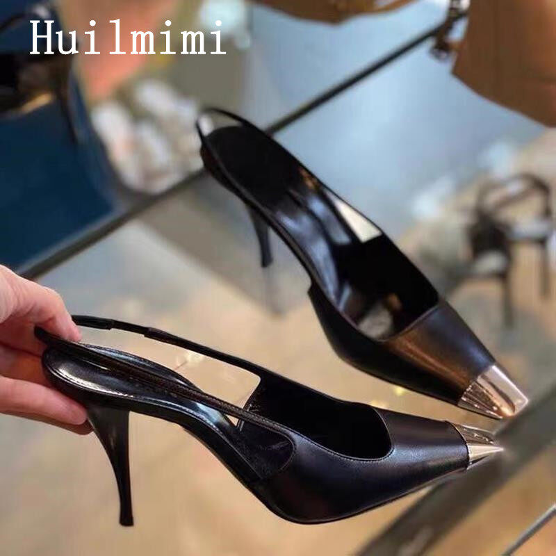 Huilm, giày cao gót nữ giày cao gót bằng da bóng màu đen 6cm giày xăng-đan nữ giày công sở giày đi tiệc giày cao gót hở sau mũi vuông kim loại mới 2022
