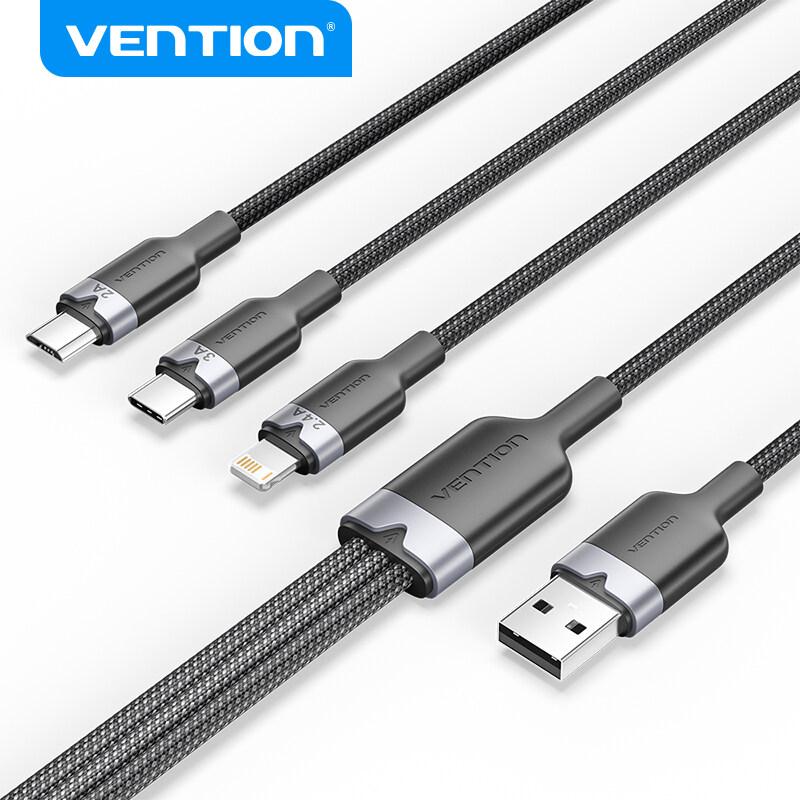 Vention Cáp 3 trong 1 USB-A to Type-C/Lightning/Micro - Sạc Nhanh 3A 60W - Truyền Dữ Liệu 480Mbps -