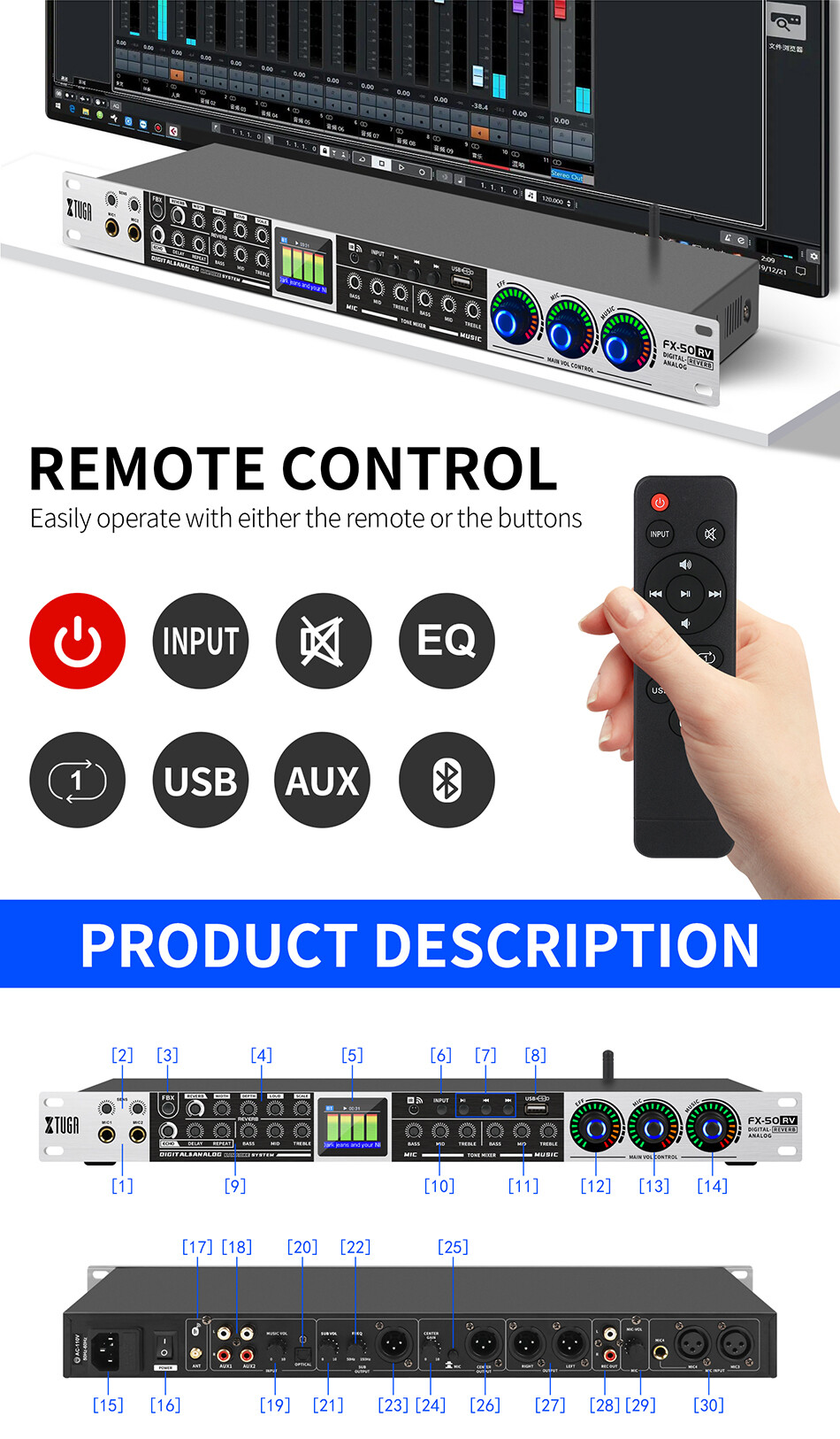 thumbnail image 2 of XTUGA FX50RV Professional Karaoke Mixer - Digital Pre-stage Effector With Bluetooth, USB, 5 Mic Inputs & Anti-howling 2 of 3