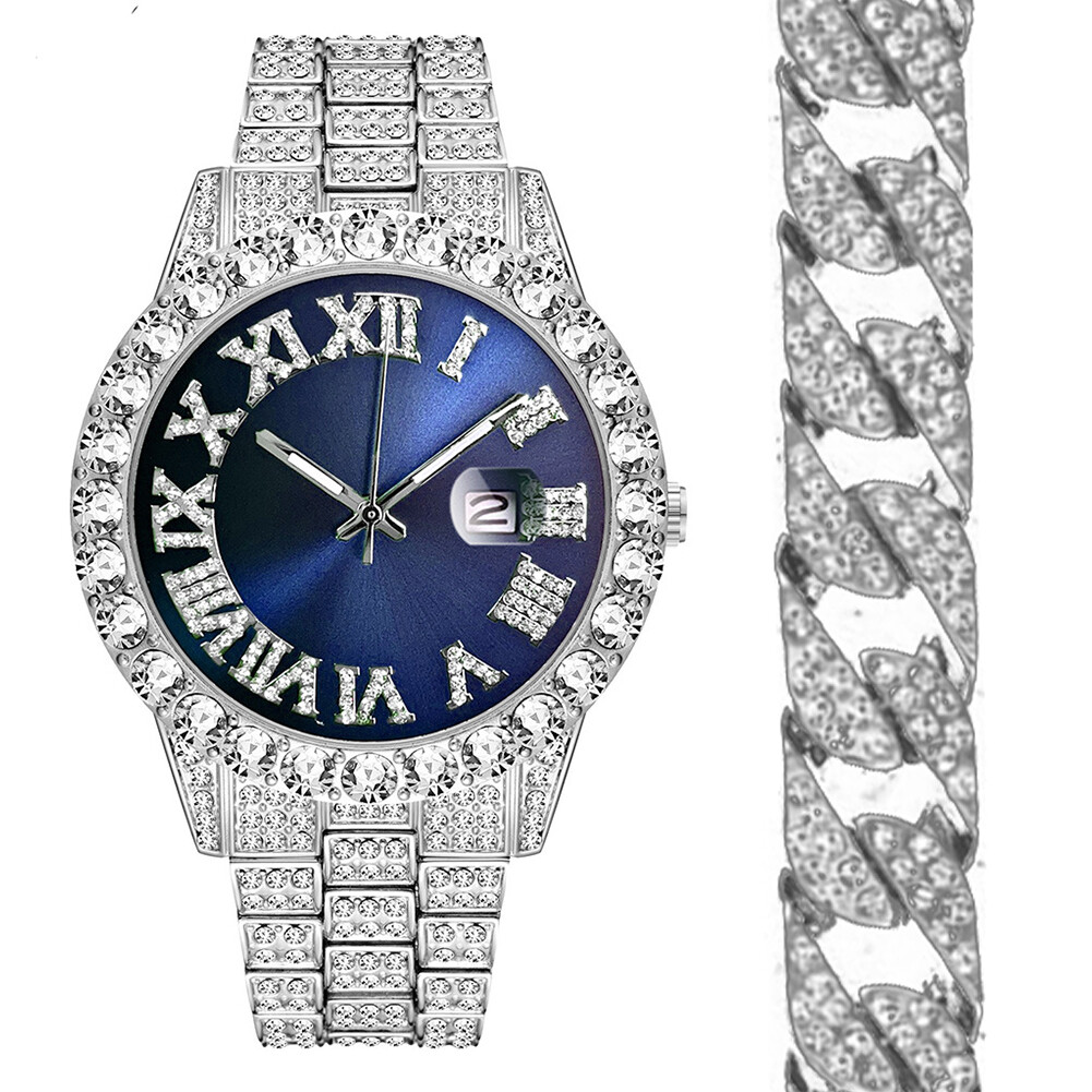 Business large dial full of diamonds sparkling steel band calendar quartz watch