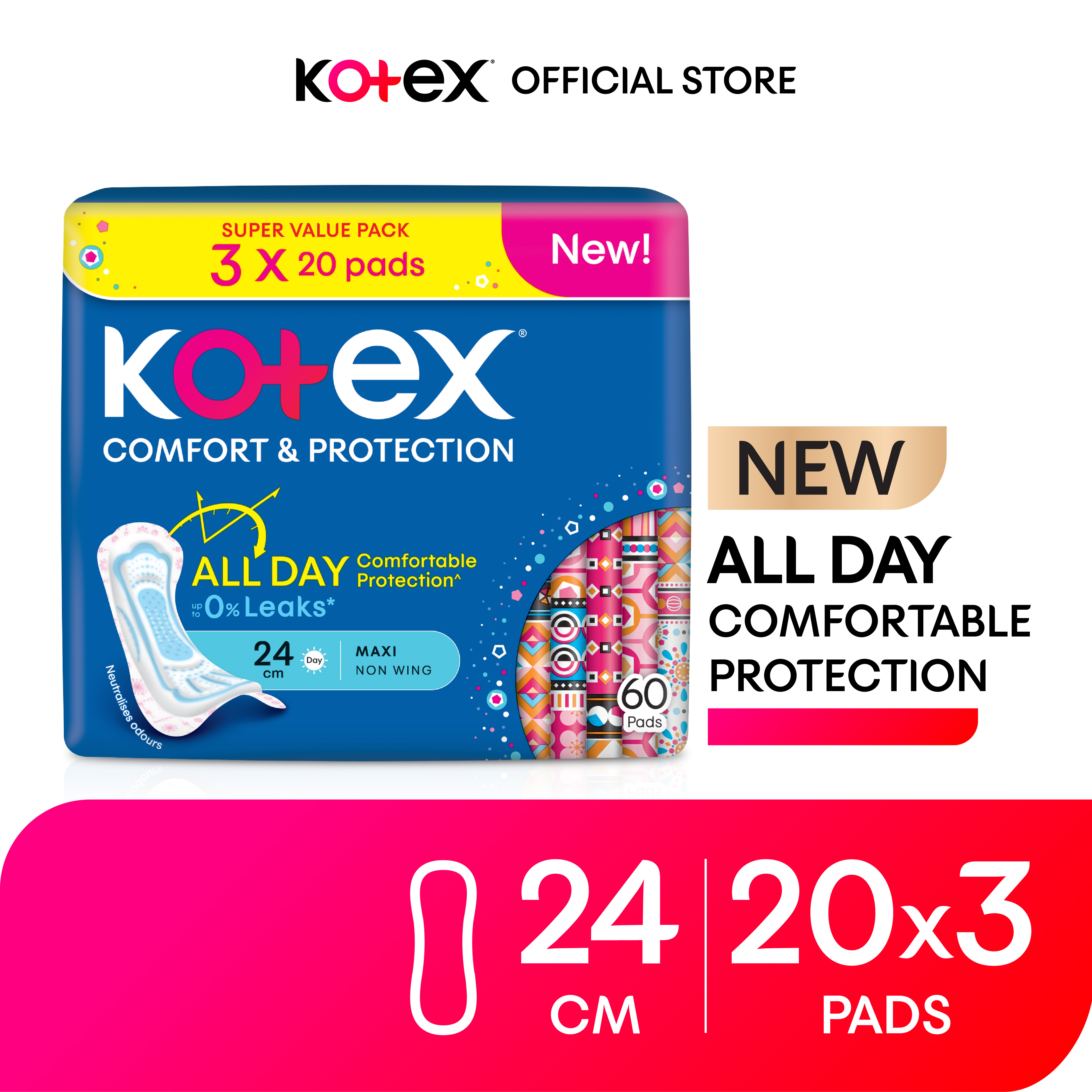 Kotex Comfort & Protection Maxi Day Non Wing Pad 24cm (20s x 3 Packs) - Sanitary Pad with 100% Leak Free Comfort Harga 14 Ringgit*Penghantaran Percuma
