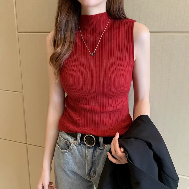  Luckin áo hàng hiệu cho phụ nữ dáng ôm mùa hè đan với kết cấu áo len lớp bên trong áo ba lỗ nửa cổ cao dưới 2025 mùa xuân áo sát nách mới 