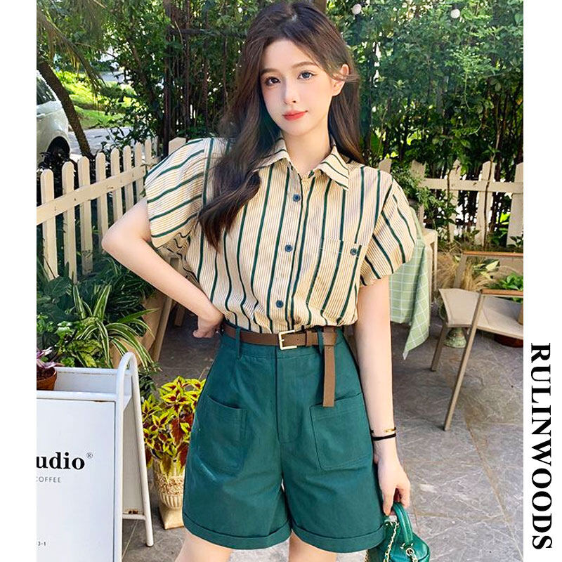 CHICCHIC Áo sơ mi sọc nữ Áo sơ mi áo sơ mi ngắn tay ống tay phồng Thời trang