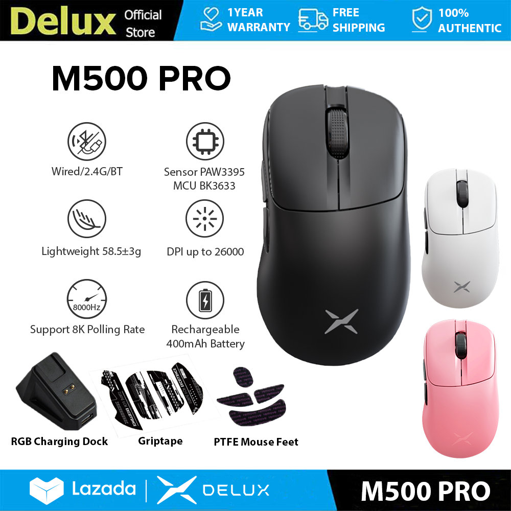 Delux M500 PRO PAW3395 Gaming Mouse DPI MAX 26000 Wired 2.4G Wireless Bluetooth Rechargeable with RGB Charging Dock 58.5g lightweight Asymmetrical Ergonomic Design PC/Laptop/Windows