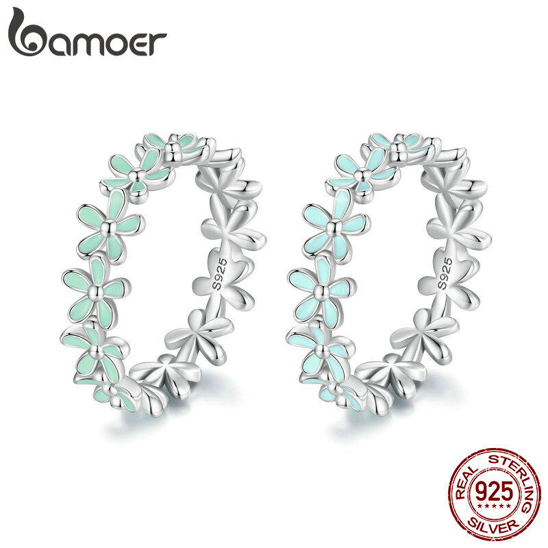 Bamoer nhẫn bạc ý 925 nhỏ màu xanh vòng hoa nhẫn đeo ngón tay hoa tráng men cho nữ quà tặng ngày lễ tình nhân lãng mạn đồ trang sức tinh xảo scr931