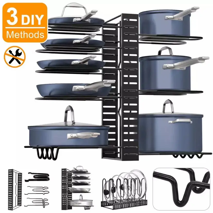 Free Gift Pot Rack Organizer For Cabinet Pots Pans Organizer Rack With 3 Diy Methods 5 Tires Adjustable Kitchen Pan Pot Storage Organizer Lazada Singapore