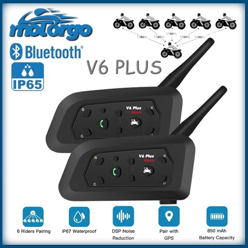V6 Plus Bluetooth Motorcycle Helmet Intercom 1200M Headset for 6 Riders Waterproof BT Interphone Communicator