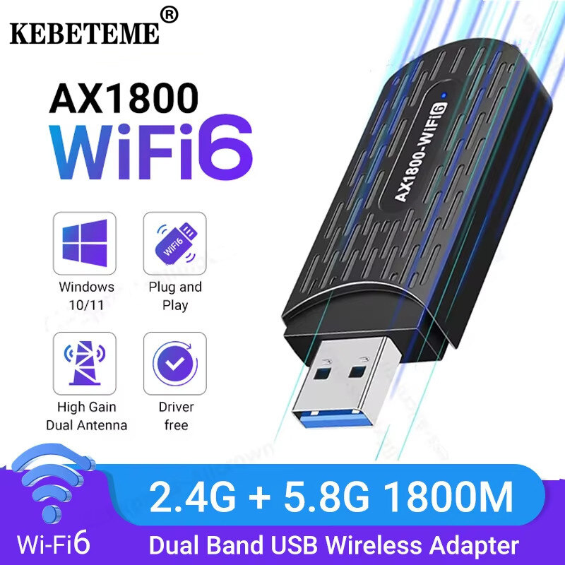 Kebeteme 1800Mbps Adaptador Wifi 6 USB 3.0 Adapter 5Ghz Ax1800 PC Ethernet Dongle Ac600 Card Mạng điều khiển miễn phí Win 10/11
