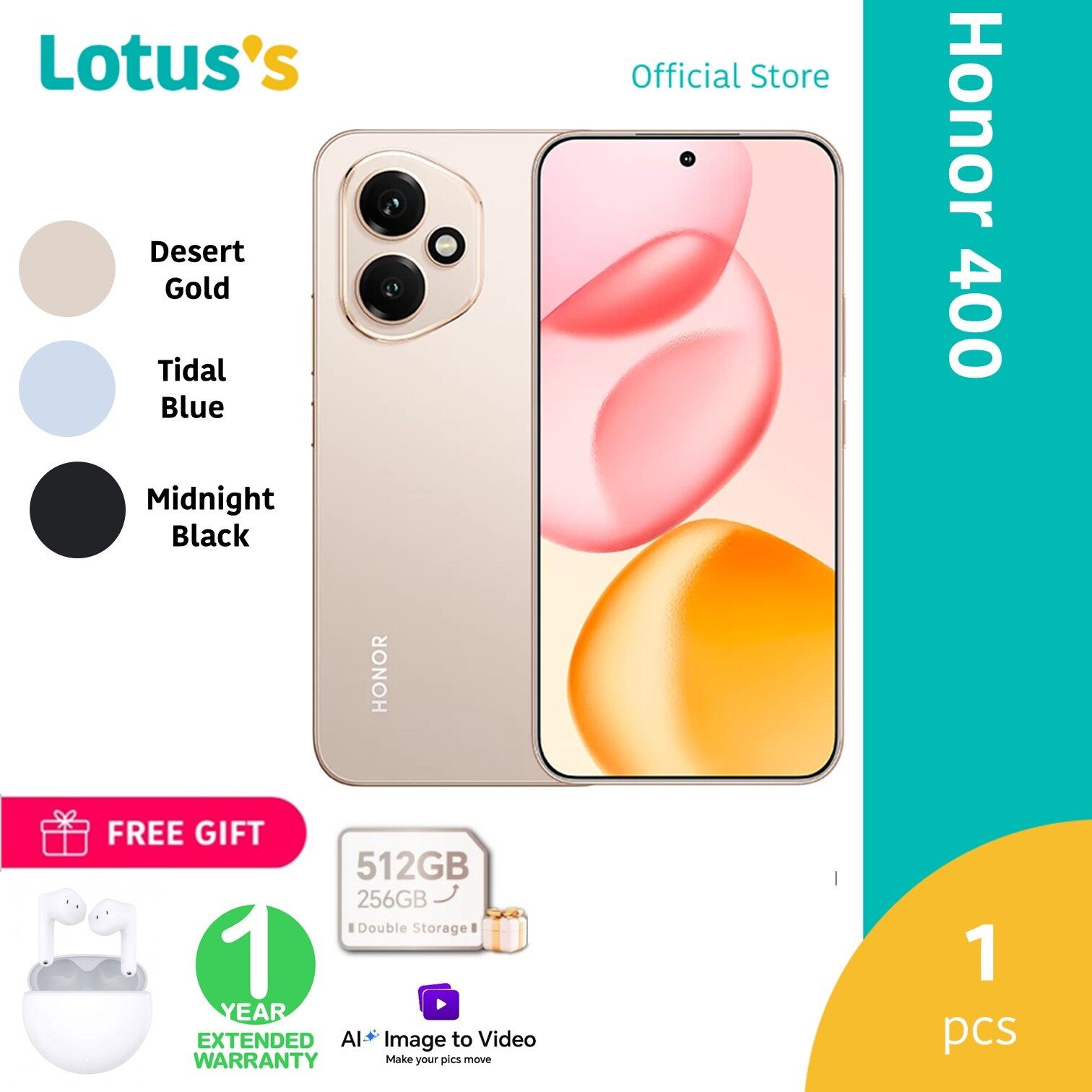 HONOR 400 12GB + 512GB (Desert Gold / Tidal Blue / Midnight Black) UM Harga  2,019 Ringgit*Penghantaran Percuma