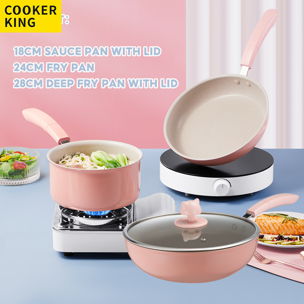 Gambar READY STOCK_COOKER KING?Healthy Granite Nonstick?Nonstick Pan Nonstick Pots Frying Pan Deep Fry Pan,Pots and Pans Wok Cookware Set,Pink Cookware,Kiki Cat Set,Suitable For Gas,Induction,Electric Stove,18cm 24cm 26cm 28cm