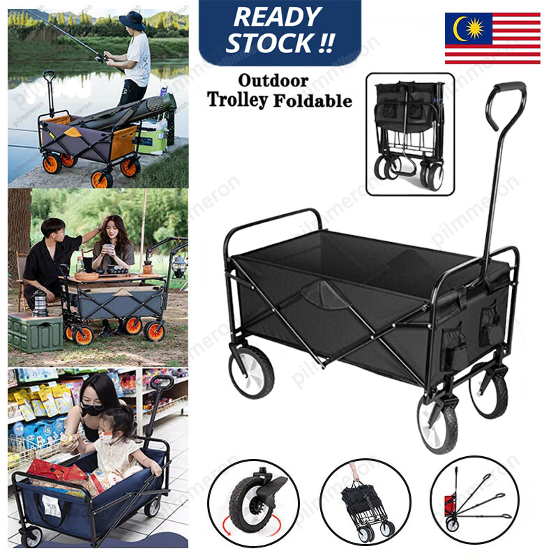 Gambar Outdoor trolley Wagon black trolleys foldable cart Beach Shopping Camping Cart With Storage Basket Garden Carts Portable Outdoor Camping Trolley Multi Function Tool Cart