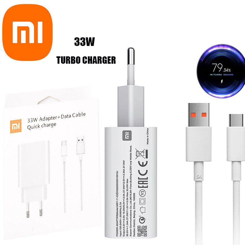 Bộ sạc turbo xiaomi 33w chính hãng bộ chuyển đổi sạc nhanh eu kèm cáp usb type-c cho xiaomi redmi note 9 10 pro poco x3 nfc mi 12 11i 10 9 9t pro note 10