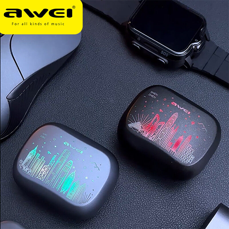 Awei T53 Tai nghe Bluetooth không dây Tai nghe ánh sáng nhiều màu RGB Tai nghe giảm tiếng ồn cuộc gọi Bluetooth 5.3 Độ trễ bằng 65ms để chơi game với mẫu ShenZhen/HongKong