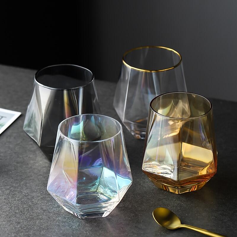 Gambar Geometry Whiskey Glass Diamond Crystal Glass Cup Golden Rim Transparent Coffee Milk Tea Mug Home Bar Drinkware Couple Gifts