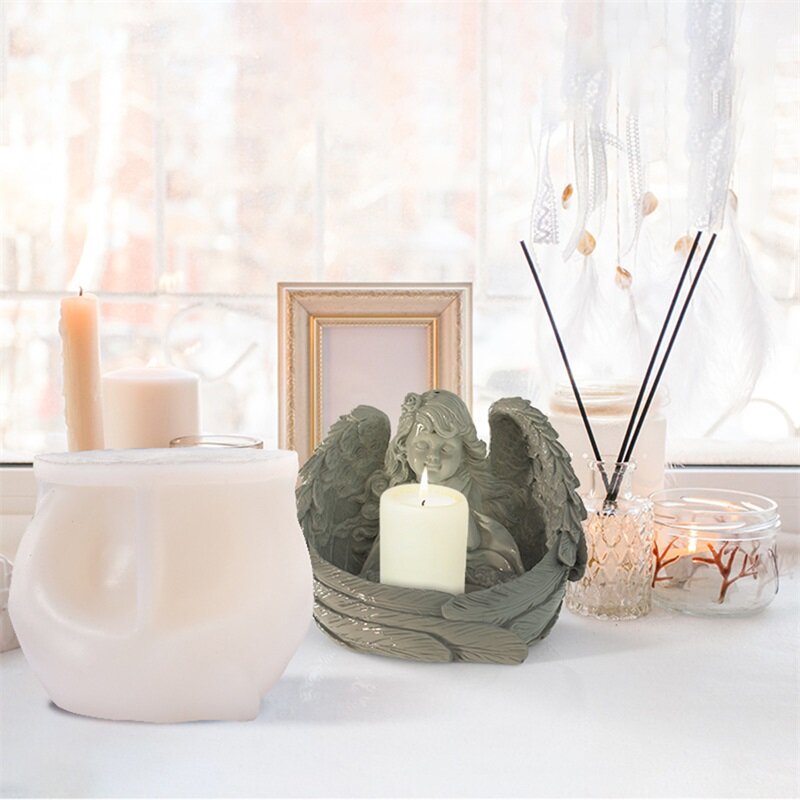 Gambar fangfang Church Angel Shaped Candlestick Desk Decor Mould Plaster Silicone Resin DIY Mold
