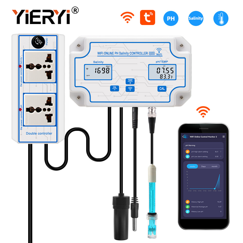 Yieryi máy kiểm tra chất lượng nước nhiệt độ ph kỹ thuật số wifi 3 trong 1 máy kiểm tra độ mặn theo dõi thông minh tuya cho bể cá nước mặn