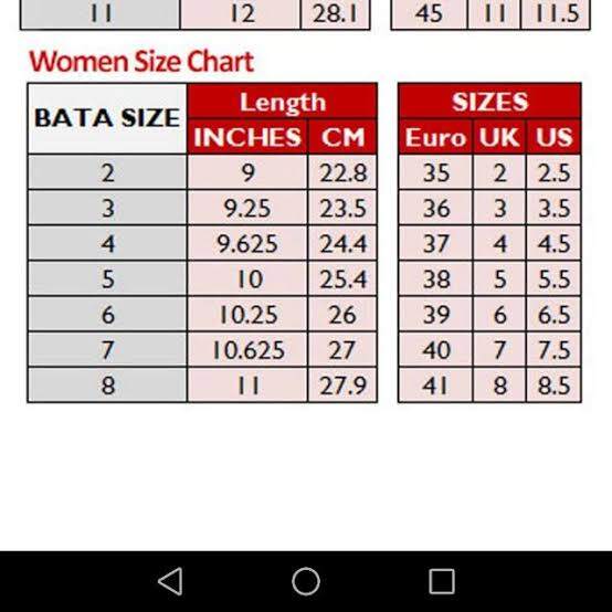 bata shoe size chart bangladesh