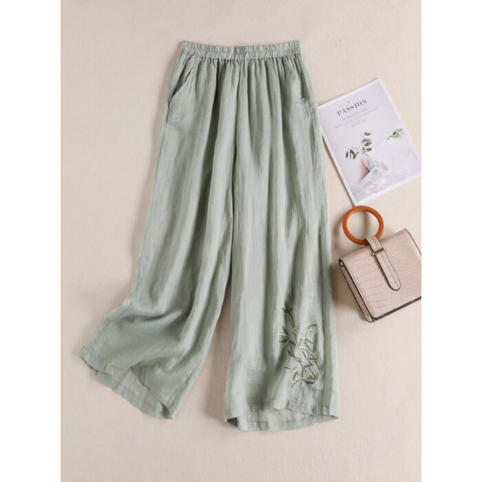 LUCKIN STORE Cotton Linen Pants For Women Summer New Style Pants For Women Loose High Waist Thin Straight Leg Casual Pants For Women Embroidery Leggings