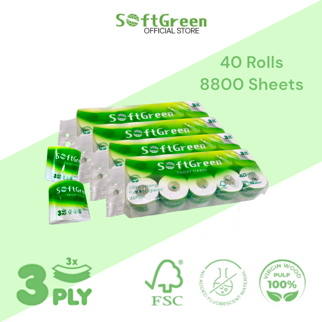[40Rolls] SoftGreen 4D ARTO Embossed 140g/Roll 3-Ply 8800Sheets Toilet Paper | FSC Certified 100% Natural Premium Virgin Wood Pulp - Jenama SoftGreen Harga 54 Ringgit*Penghantaran Percuma