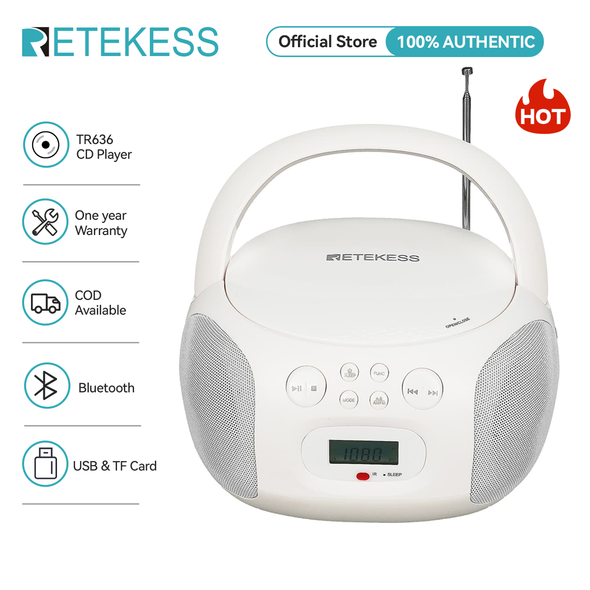  Retekess TR636 Portable Multifunctional CD Player Stereo Boombox Bluetooth FM AM Radio Sleep Timer AC 220V or Battery Powered Simple Operation for Kids and Elderly  White  
