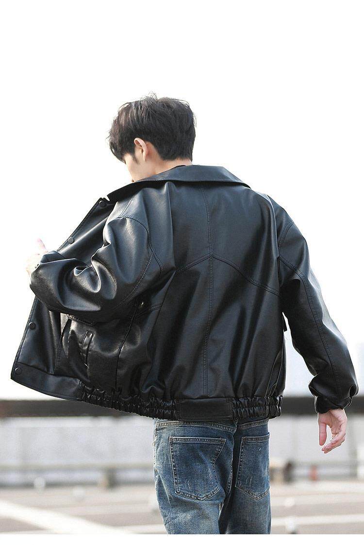 Korean style trendy loose leather coat mens thin motorcycle clothing young student pilot leather jacket spring and autumn coat trendy brand