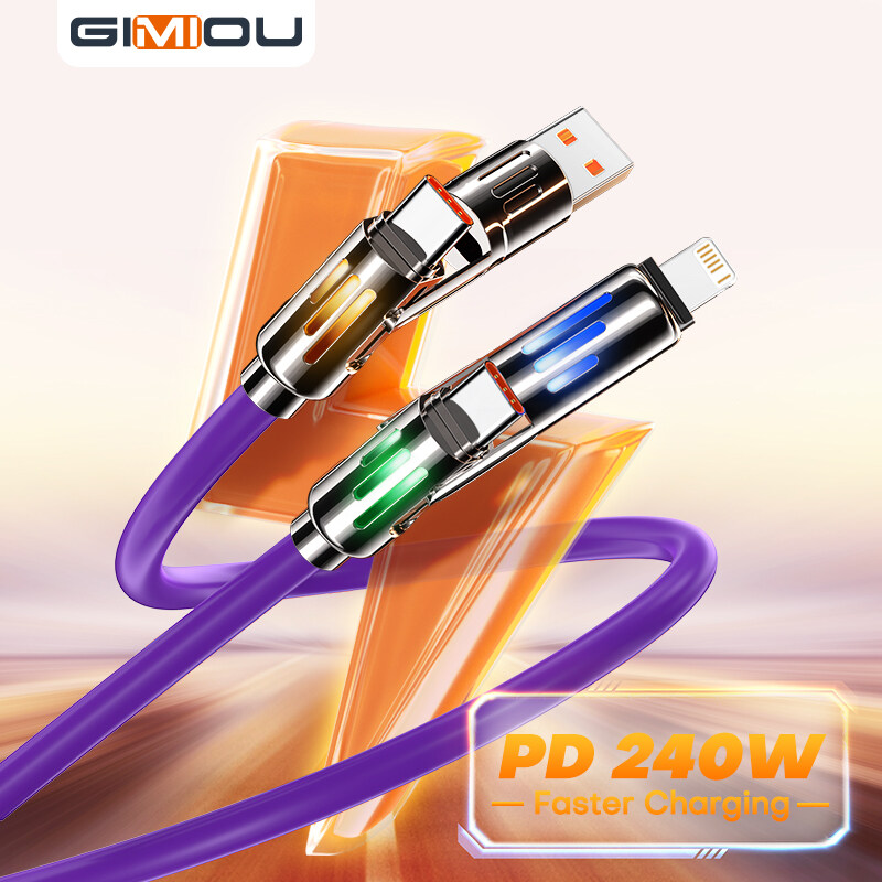 GIMIOU 240W 4 in 1 Cable PD Fast Charging USB Type C to Type C Rotating Elbow LED Data Cord Lightning Quick Charger for iPhone 16 15 14 MacBook Samsung Xiaomi Vivo Cellphone Laptop