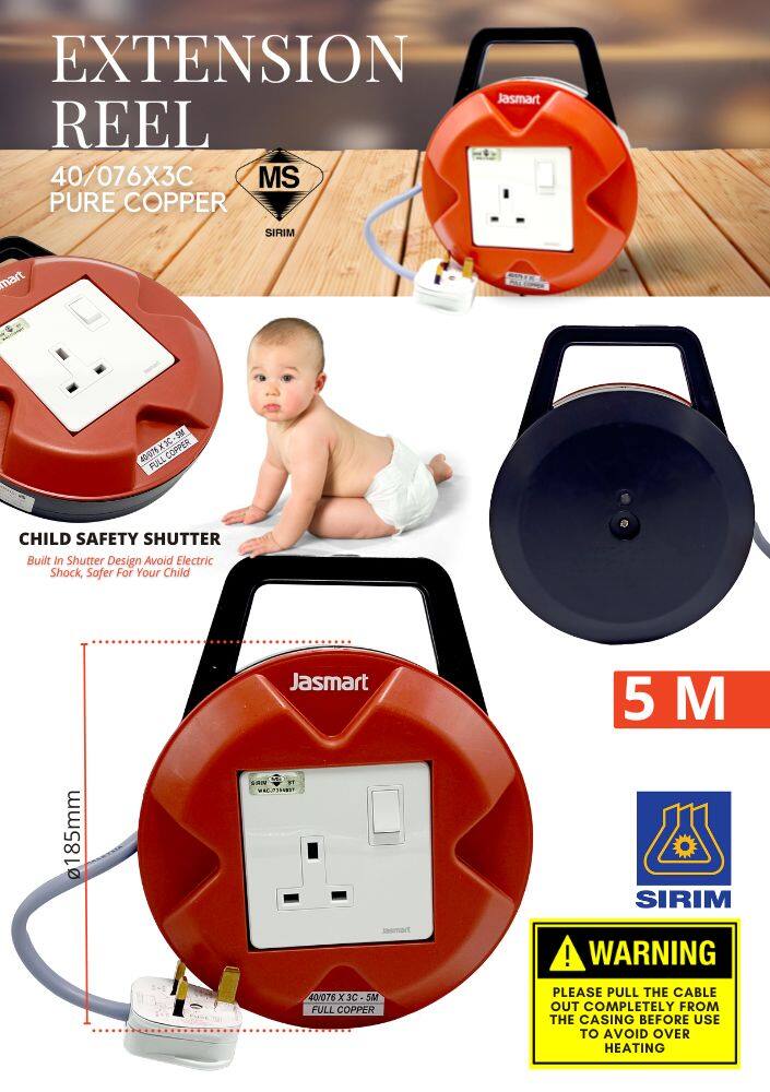 SIRIM] 5MTR EXTENSION CABLE REEL Wire Extention Plug Panjang Portable  Extension Power Strip Extension Bulat Plug Socket
