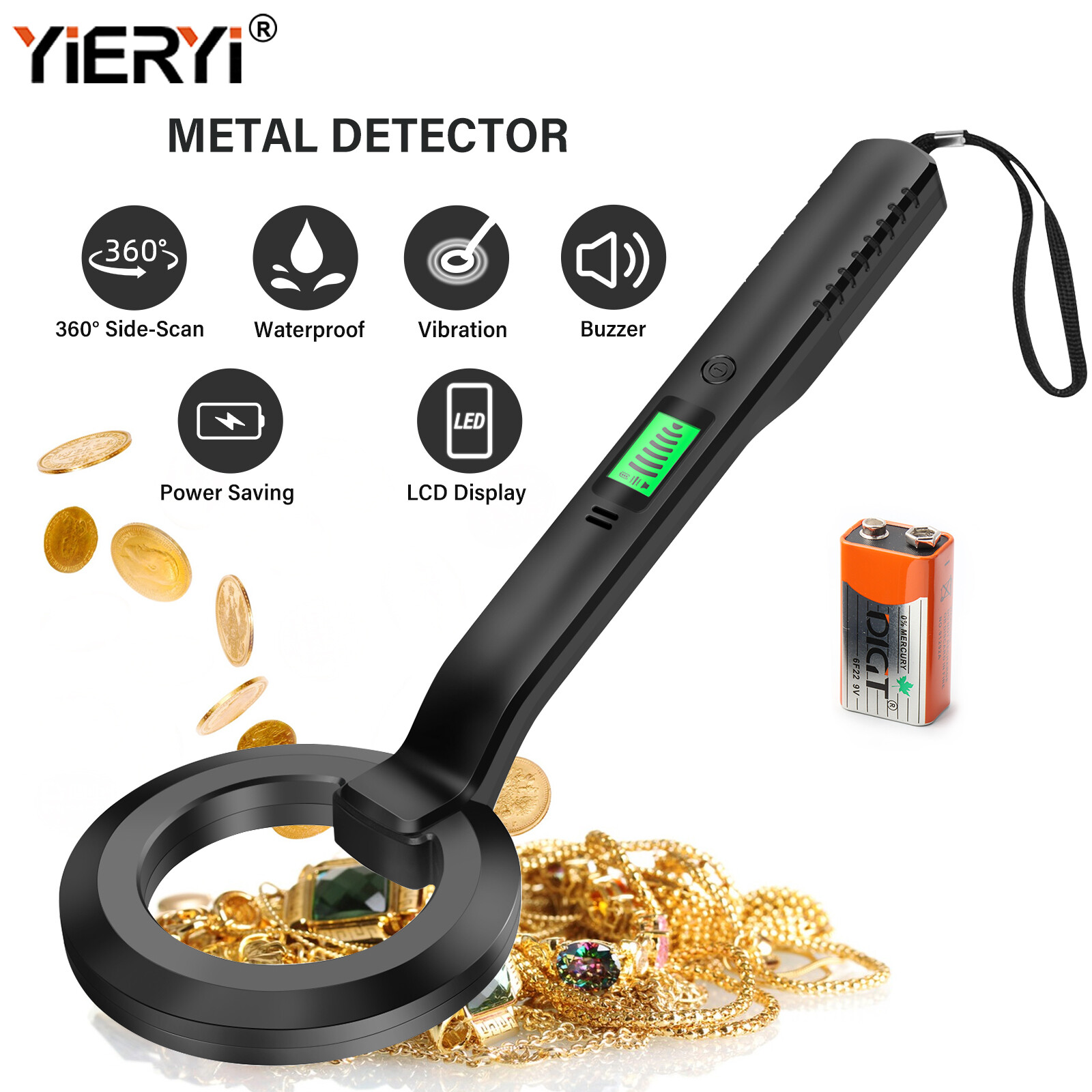 Máy dò kim loại yieryi, máy dò kim loại độ nhạy cao Máy quét kim loại báo động cầm tay, quét 360 °, phát hiện kim loại cuộn tìm kiếm không thấm nước cho vàng, trang sức bạc tiền xu