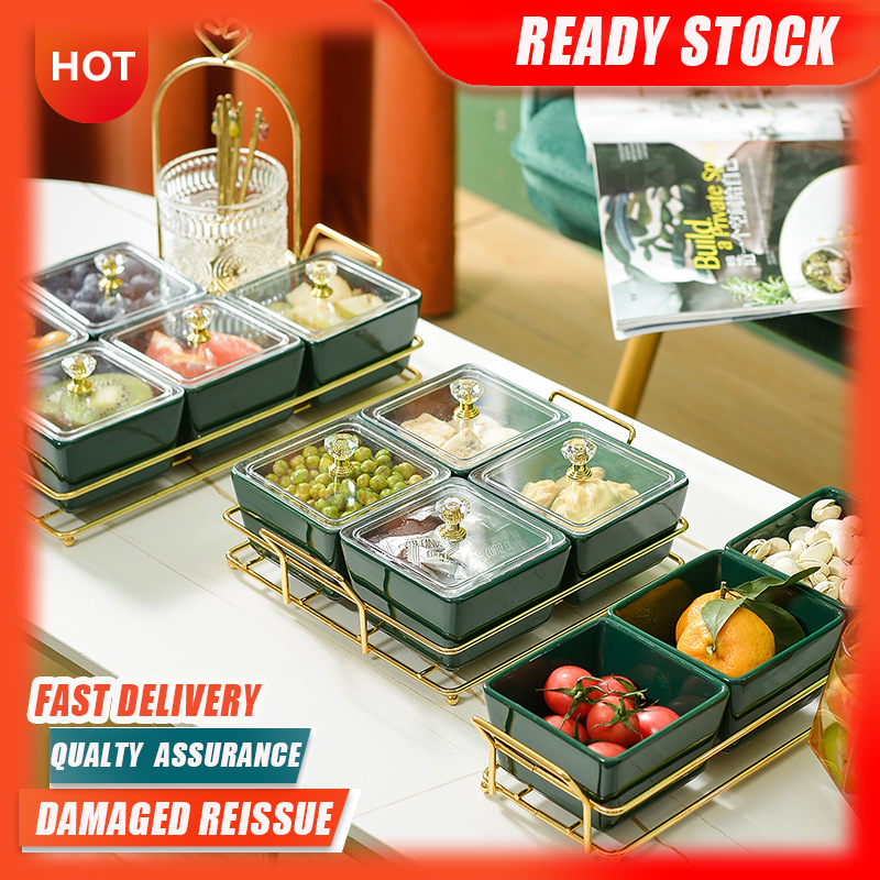 Gambar ??Ready Stock??Nordic Simple Fruit Tray Snack Tray Creative Household Grid with Cover Dry Fruit Tray Dessert Candy Tray Net Red Fruit Tray 6