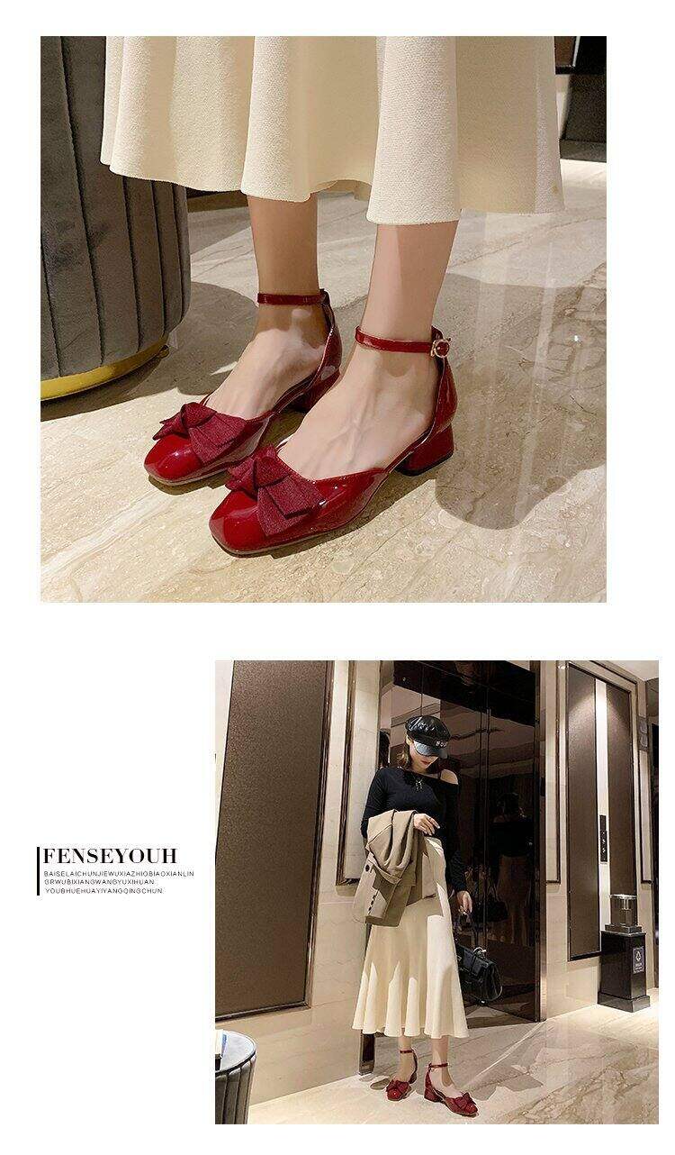 Giày Cao Gót Màu Đỏ Giày Một Lớp Gót Vuông Nơ Bướm Phong Cách Tiên Nữ Mẫu Mới Mùa Xuân 2022 Cho Nữ Giày Dự Tiệc Lễ Phục Không Mệt Chân 10