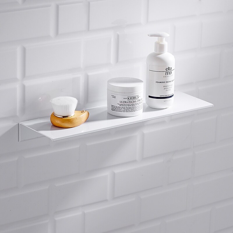Gambar Nordic White Bathroom Shelf Wall Mount Space Aluminium Black Bathroom Floating Square Shower Rack Corner Storage Holder Shelves
