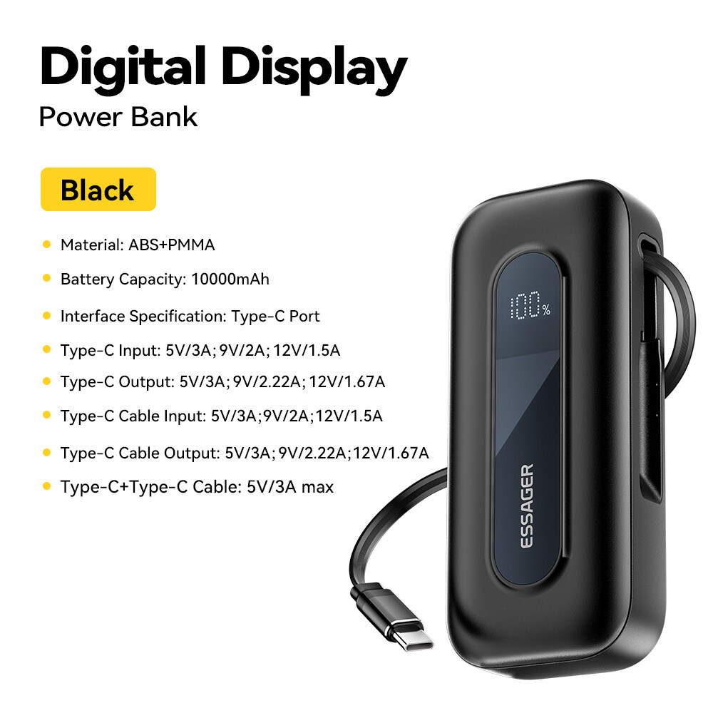 Essager 10000mAh Pin sạc dự phòng với cáp có thể thu vào 22.5W Type-C sạc nhanh Màn hình hiển thị kỹ