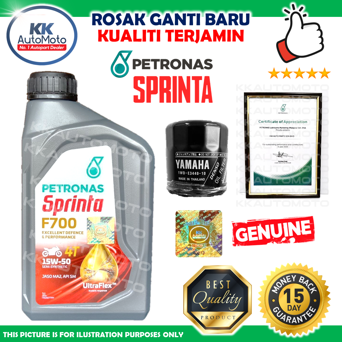 BOTOL BARU Jamin Genuine Yamaha Oil filter + Original Petronas Sprinta F700 15W-50 15W50 15W 50 Engine Motor Oil Semi Synthetic 4T UltraFlex 1L Minyak Enjin R15