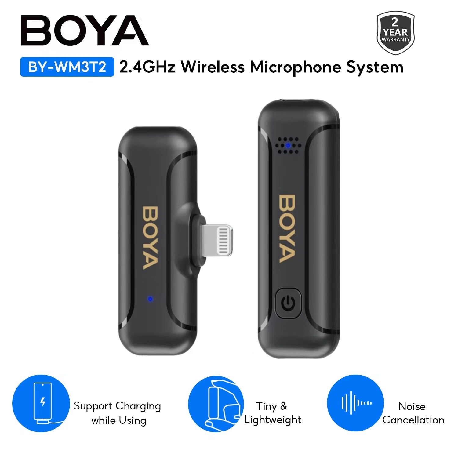 Boya BY-WM3T2-D1/D2 Mini trọng lượng nhẹ 2.4GHz Micro dây chuyền không dây, khử tiếng ồn lựa chọn, phạm vi truyền tín hiệu 50m, với được chứng nhận MFi cho iPhone iPad, Plug & Play cho phát trực tiếp, vlogging, phỏng vấn