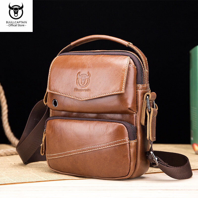 BULLCAPTAIN Men's Leather Shoulder Messenger Bag Multifunctional Retro Casual Portable Handbag Soft Cowhide Shoulder Bag
