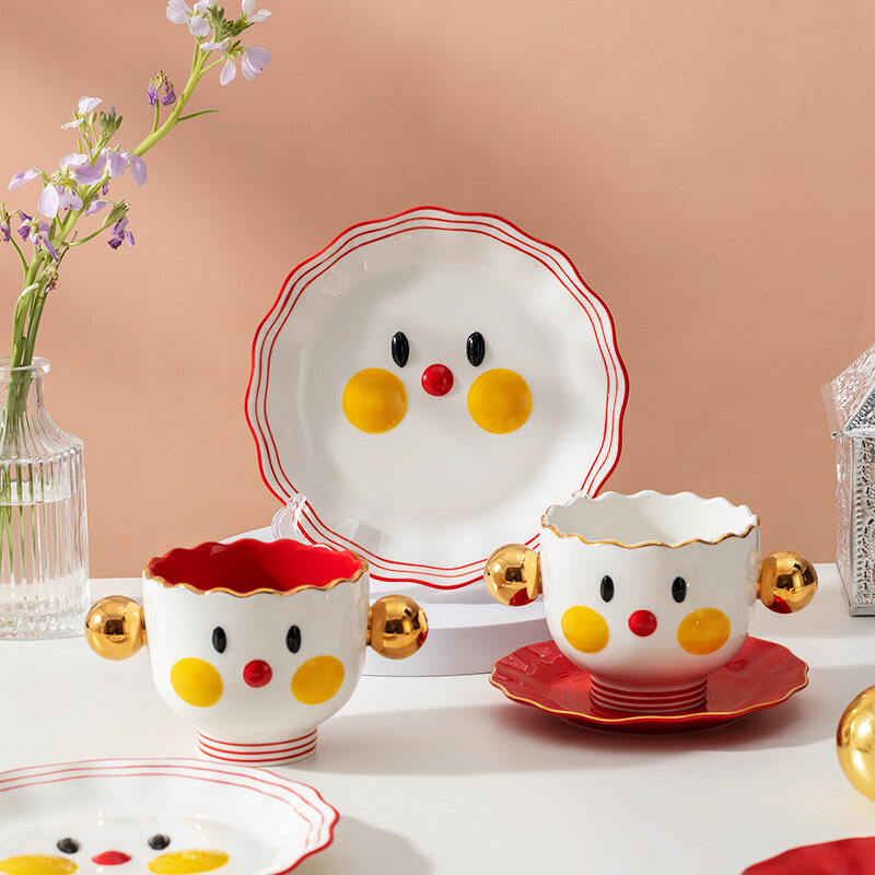 Gambar New Cartoon Cute Smiley Face Doodle Bowls and Dishes Children s Bowls Cutlery Embossed Golden Rim Dinner Plates Cups and Saucers