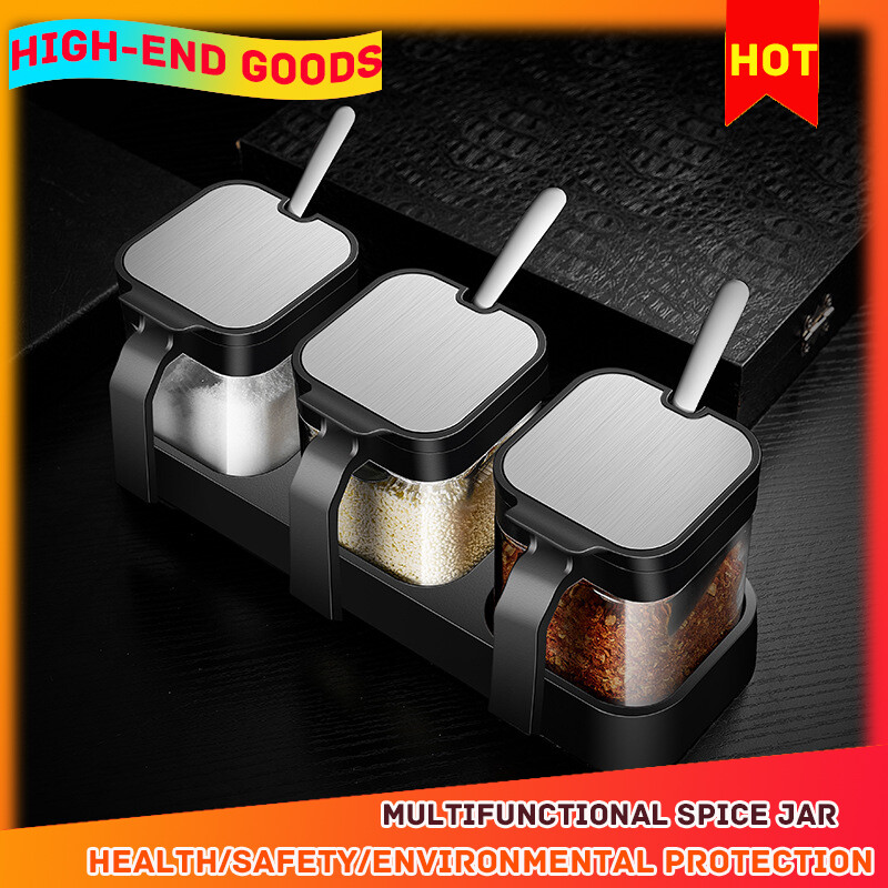 Gambar ?100% Quality Assurance?  Salt Shaker Seasoning Bottle With Handle Seasoning Jar Set With Spoon Sealed Moisture proof Seasoning Box