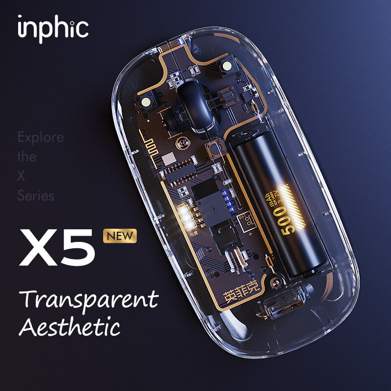 Inphic X5 Ultra-thin Transparent 2.4GHz Wireless Mouse 1600dpi Rechargeable Silent Mouse for Laptop Type C fast charge