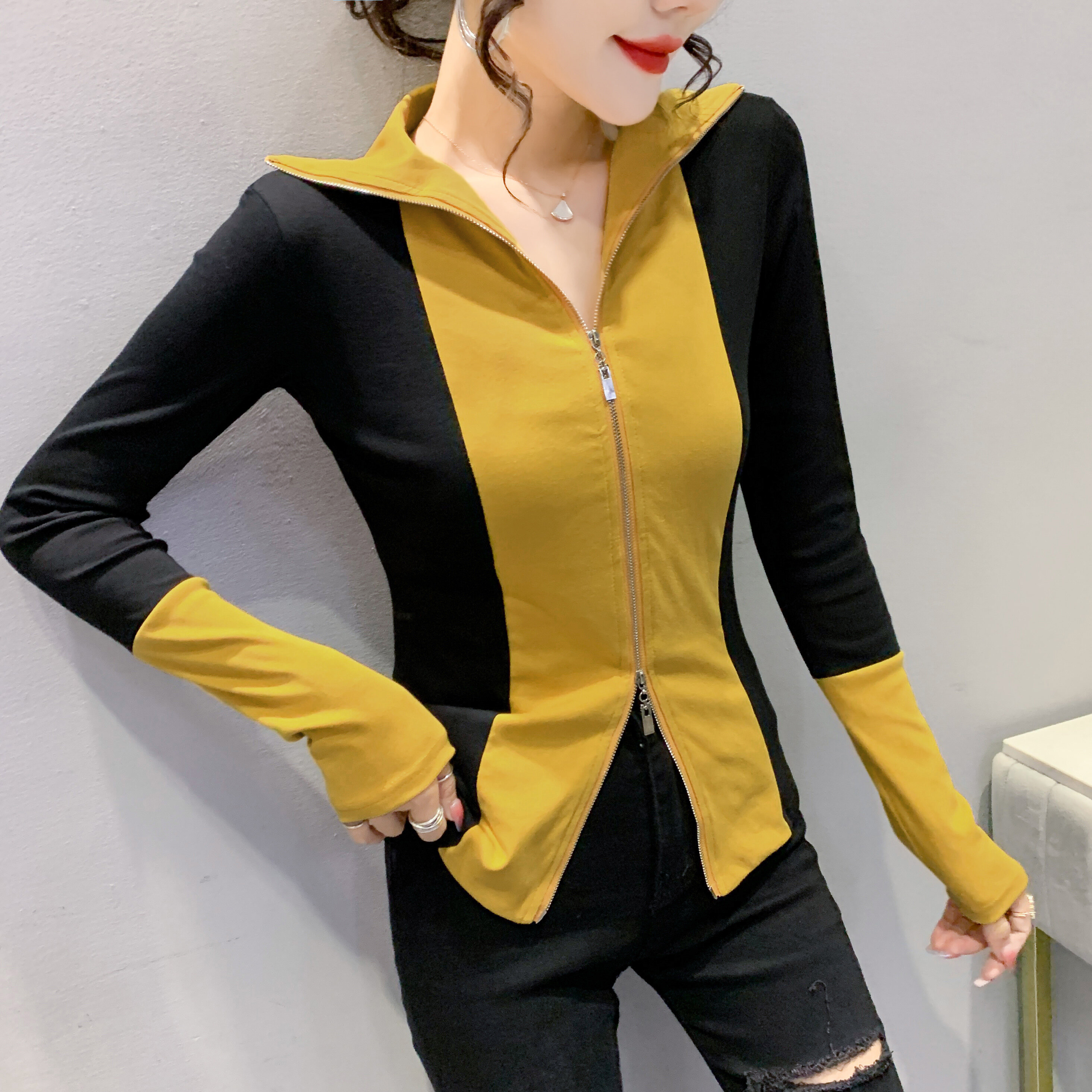 Yimei áo chống màu bằng vải cotton không thường cảm giác thiết kế áo thun nữ thời trang thu đông mới 2022 với hai khóa kéo