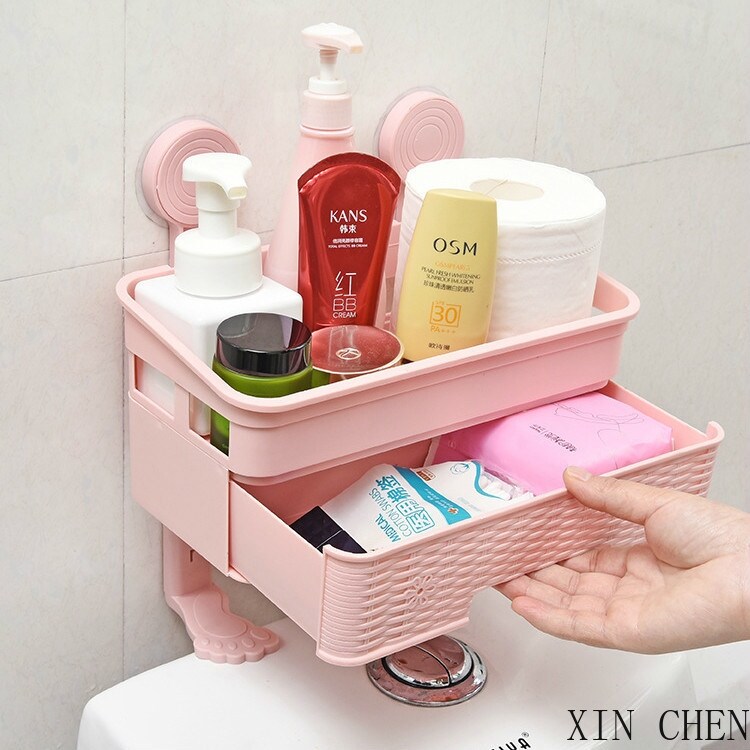 Gambar Punch free Multifunctional Toilet Rack Creative Bathroom Debris Storage Rack Shelves for Wall Bathroom Organizer