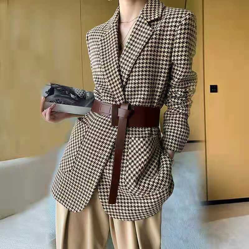 Áo Khoác Nữ, Áo Khoác Len Houndstooth Nhỏ Thơm Phiên Bản Hàn Quốc, Áo Khoác Vest Kẻ Sọc Nhỏ Dáng Rộng Bằng Len Áo Khoác Nữ Thường Ngày