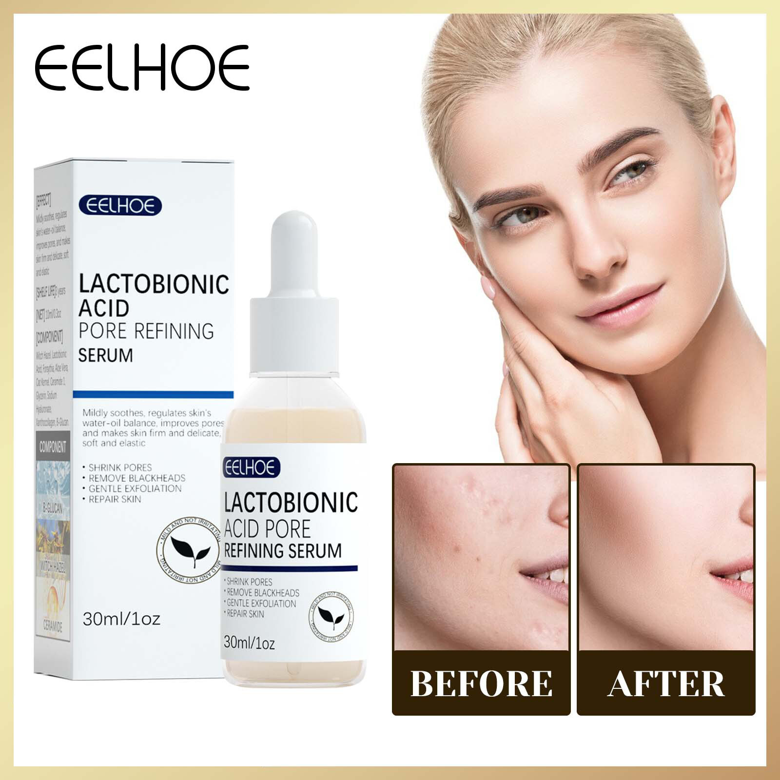  Eelhoe Serum Thu Nhỏ Lỗ Chân Lông Axit Lactobionic Kem Dưỡng Ẩm Chống Nếp Nhăn Axit Hyaluron Dung Dịch Nuôi Dưỡng Làm Sáng Da Mụn Đầu Đen Kiểm Soát Dầu Phục Hồi Da Chống Lão Hóa Tinh Chế Nâng Lỗ Chân Lông Làm Săn Chắc Mịn Da Mặt  30Ml  
