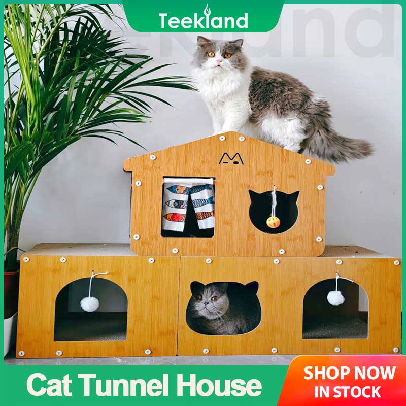 Teekland Cat Scratcher แผ่นแมวสำหรับลับเล็บแมวแบบกระดาษแข็ง บ้านแมวอุโมงค์พร้อมกระดานลับเล็บและปอมปอม บ้านแมวแบบโต้ตอบสำหรับแมวในบ้าน ราคา 1,283 บาท*ส่งฟรี