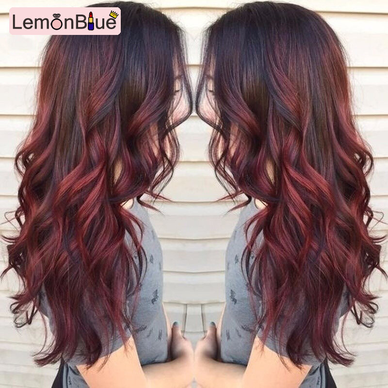 Gambar LemonBlue Women Gradient Red Black Long Curly Wig Synthetic Wavy Hair Heat Resistant Wig