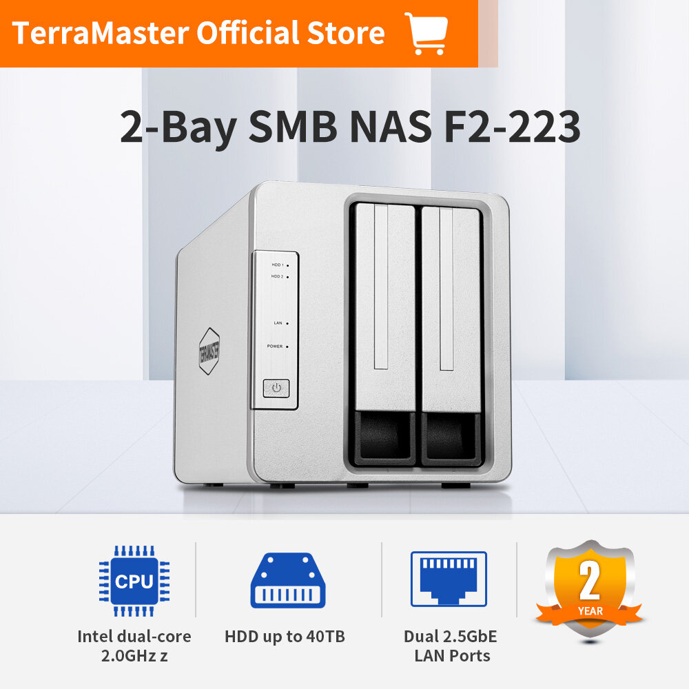 TerraMaster F2-223 2-Bay NAS Storage – High Performance for SMB with N4505 Dual-Core CPU, 4GB DDR4 Memory, 2.5GbE Port x 2, Network Storage Server (Diskless) - ยี่ห้อ TerraMaster ราคา 9,397 บาท*ส่งฟรี