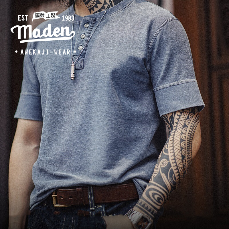 MADEN brand workwear style men's youth 2024 summer new American retro OG knitted denim Henry shirt Amikaki distressed tough guy short sleeved T-shirt