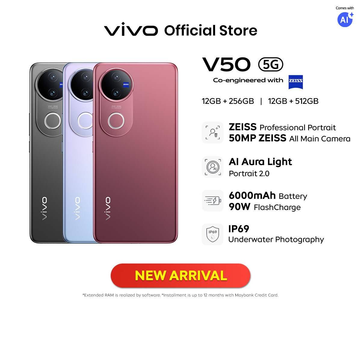 【Flash Sale Today】 vivo V50 5G | 24(12+12)RAM + 256/512GB ROM | 90W FlashCharge + 6000mAh Battery | 50MP ZEISS All Main Camera | Qualcomm Snapdragon Processor | AI Aura Light Portrait | IP68 & IP69 Dust & Water Resistance | Dual Stereo Speakers Harga 1,788 Ringgit*Penghantaran Percuma